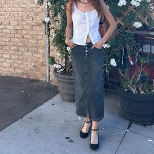 90s Black grey wash midi denim skirt